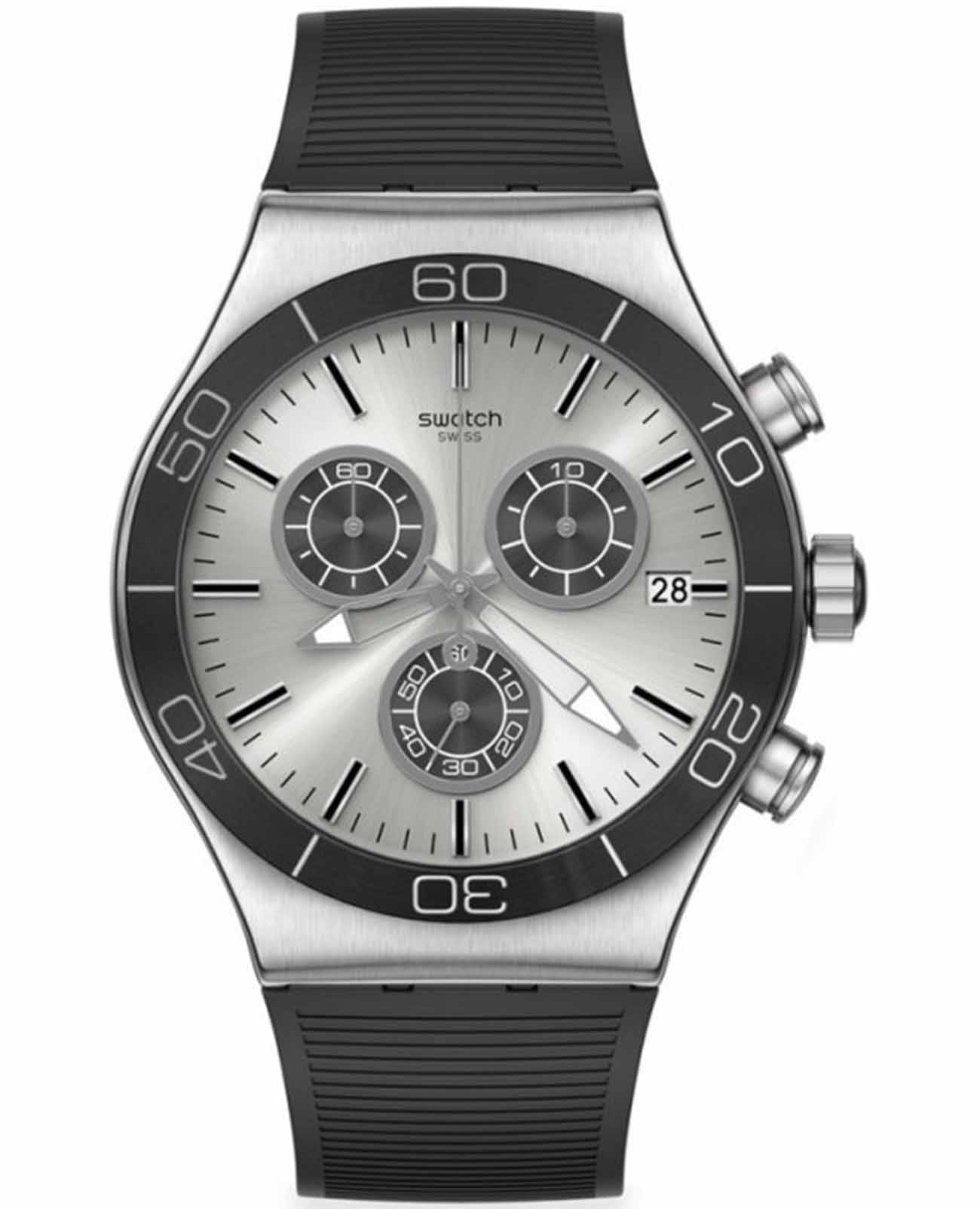 Swatch Swatch I New Chrono YVS486  YVS486 кварцевые мужские часы серебристый циферблат, браслет резина — вид спереди
