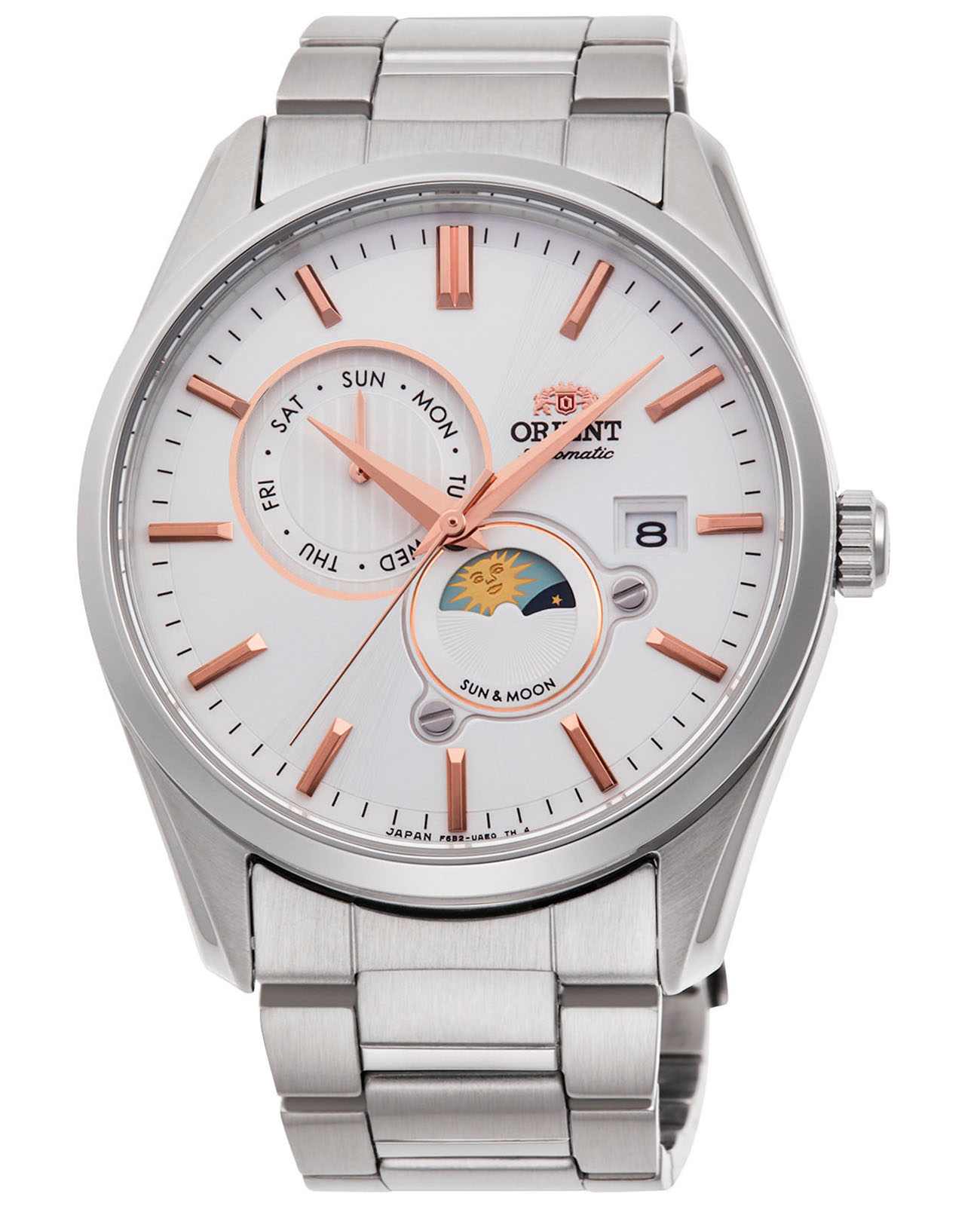 Orient Orient Sun & Moon RA-AK0306S (RN-AK0306S)  RA-AK0306S механические мужские часы белый циферблат, браслет нержавеющая сталь — вид спереди