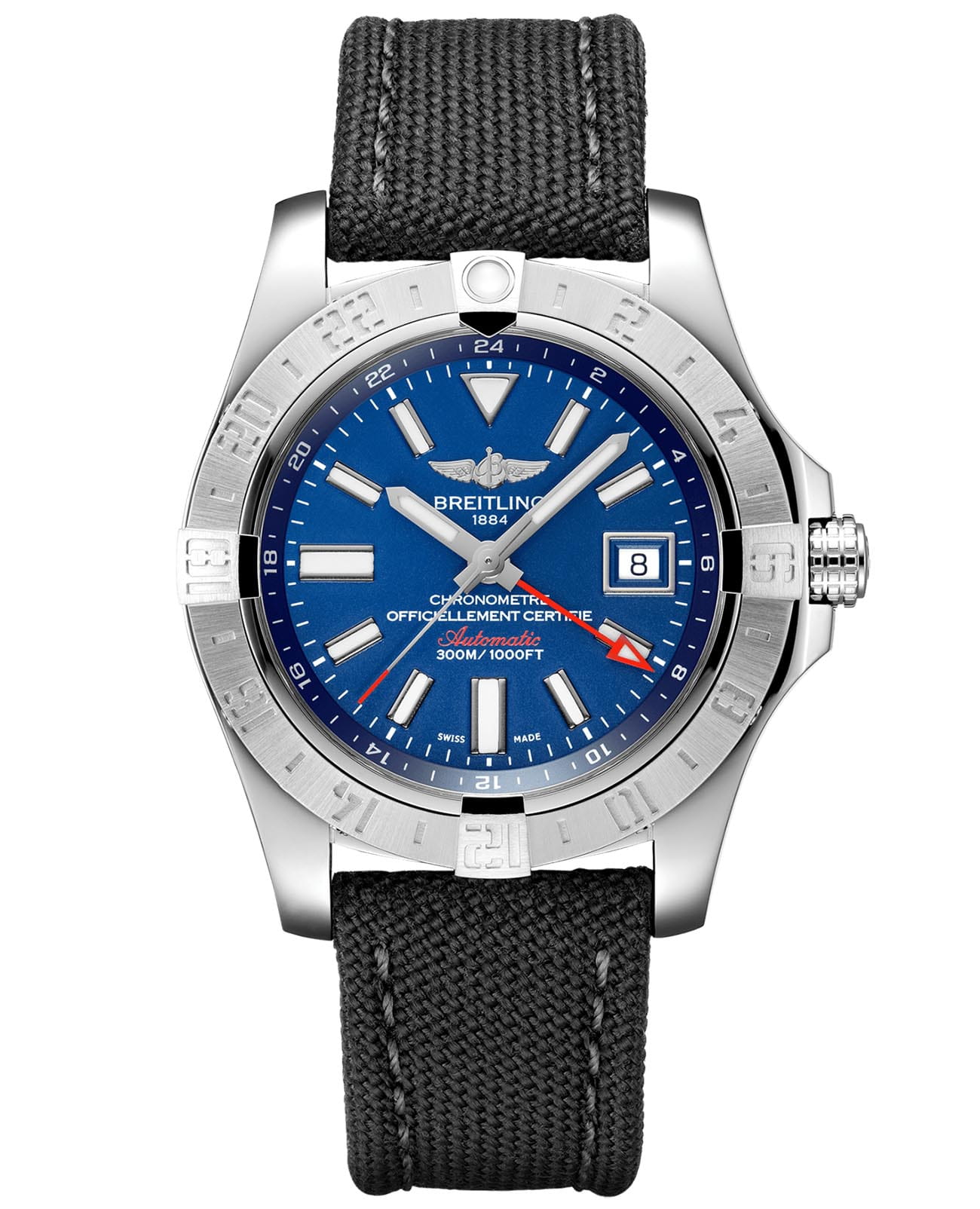 Breitling Breitling Avenger II GMT A32390111C1W1  A32390111C1W1 механические мужские часы синий циферблат, браслет полиамидная ткань — вид спереди