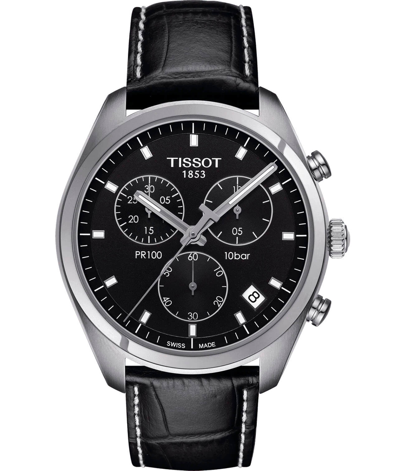 Tissot Tissot PR 100 Сhronograph T101.417.16.051.00 PR 100 T1014171605100 кварцевые мужские часы черный циферблат, браслет кожаный — вид спереди