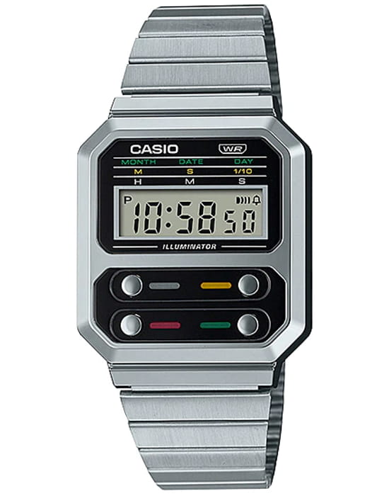 Casio Casio Vintage A100WE-1AEF  A100WE-1AEF кварцевые мужские часы черный циферблат, браслет нержавеющая сталь — вид спереди