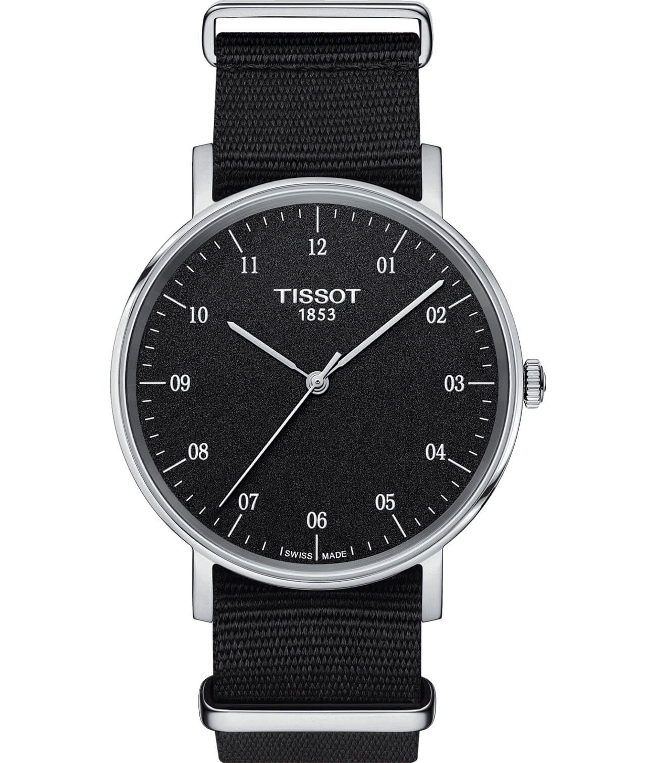 Tissot Tissot Everytime Medium T109.410.17.077.00 Everytime T1094101707700 кварцевые мужские часы черный циферблат, браслет тканевый — вид спереди