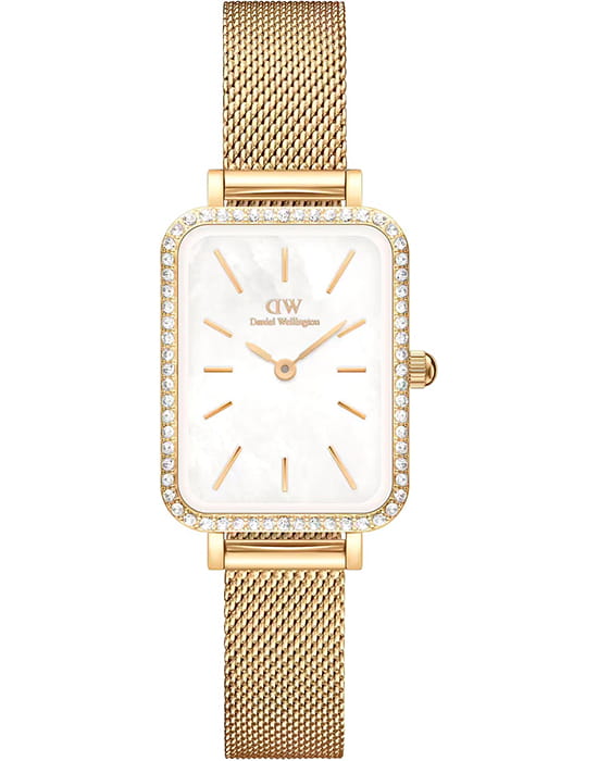 Daniel Wellington Daniel Wellington Quadro Lumine Bezel Evergold MOP DW00100668  DW00100668 кварцевые женские часы белый циферблат, браслет нержавеющая сталь с pvd-покрытием — вид спереди
