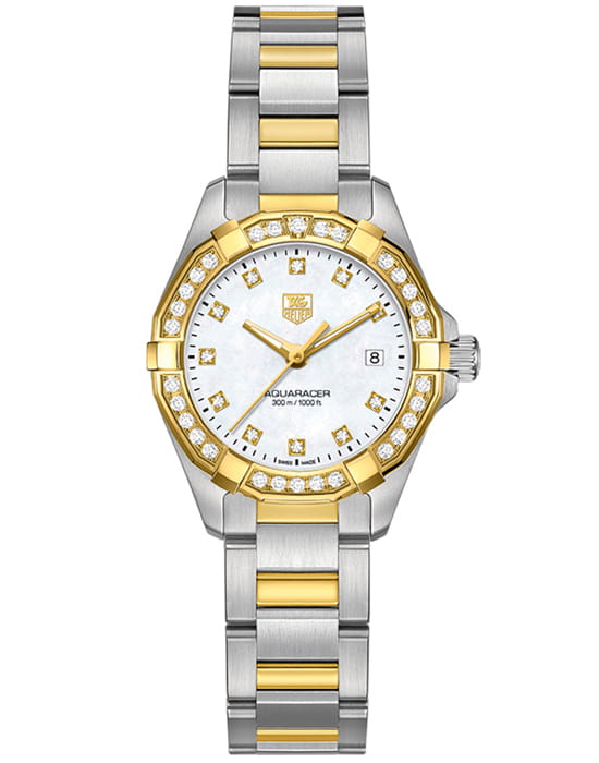 TAG Heuer TAG Heuer Aquaracer WAY1453.BD0922  WAY1453.BD0922 кварцевые женские часы белый циферблат, браслет нержавеющая сталь + золото 18к — вид спереди
