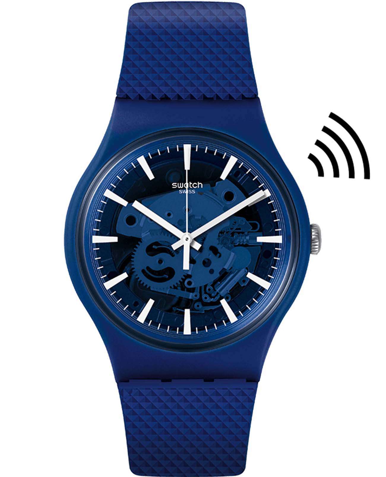 Swatch Swatch New Gent Swatch Pay! SVIN103-5300  SVIN103-5300 кварцевые мужские часы синий циферблат, браслет силикон — вид спереди
