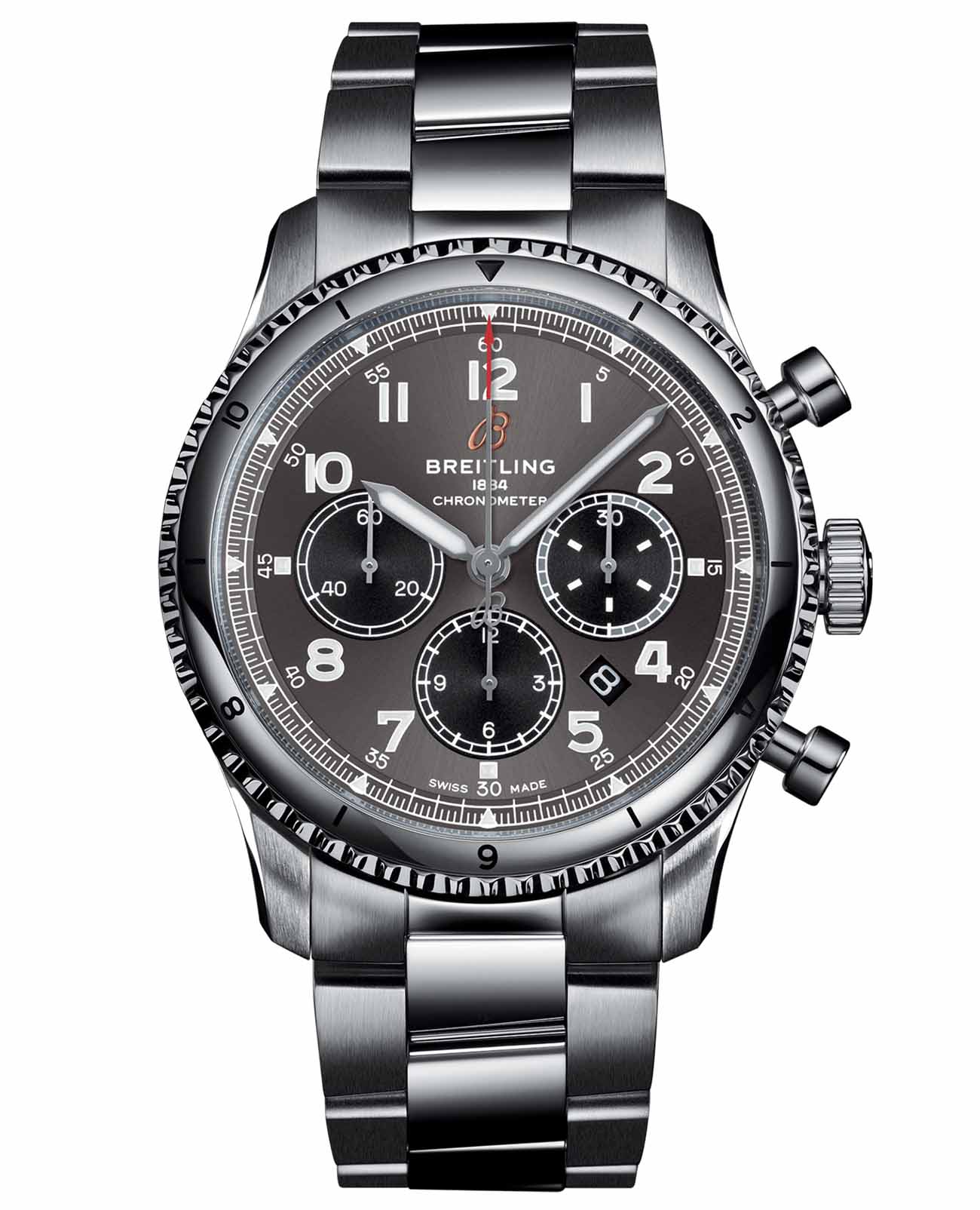 Breitling Breitling Aviator 8 B01 Chronograph 43 AB0119131B1A1  AB0119131B1A1 механические мужские часы антрацитовый циферблат, браслет нержавеющая сталь — вид спереди