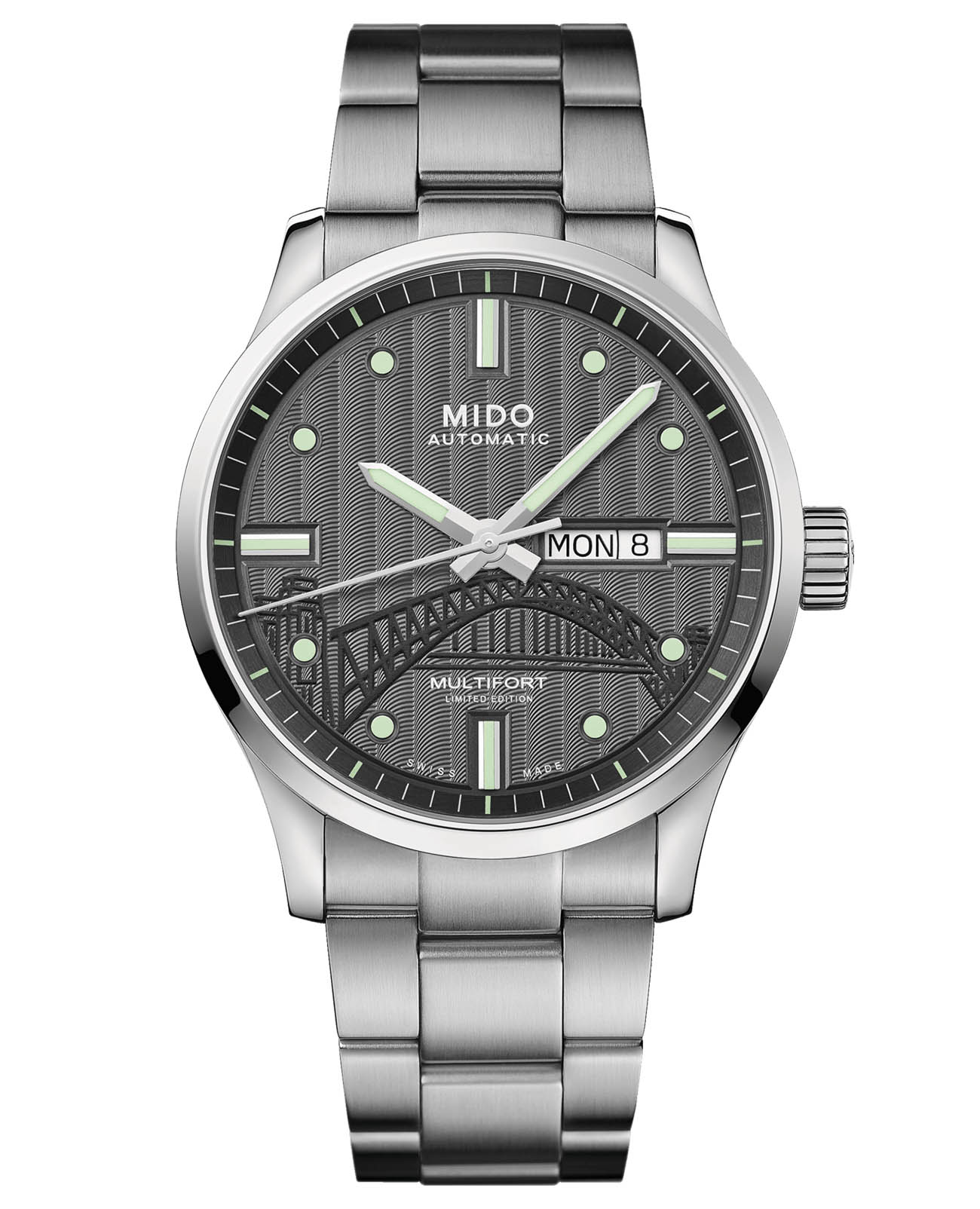Mido Mido Multifort Gent 20th Anniversary Inspired By Architecture M005.430.11.061.81  M0054301106181 механические мужские часы серый циферблат, браслет нержавеющая сталь — вид спереди