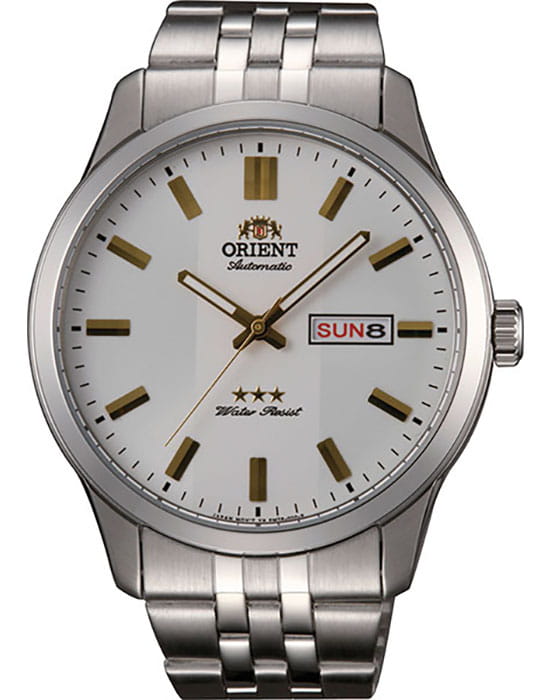 Orient Orient 3 Stars RA-AB0014S (RN-AB0014S)  RA-AB0014S механические мужские часы белый циферблат, браслет нержавеющая сталь — вид спереди
