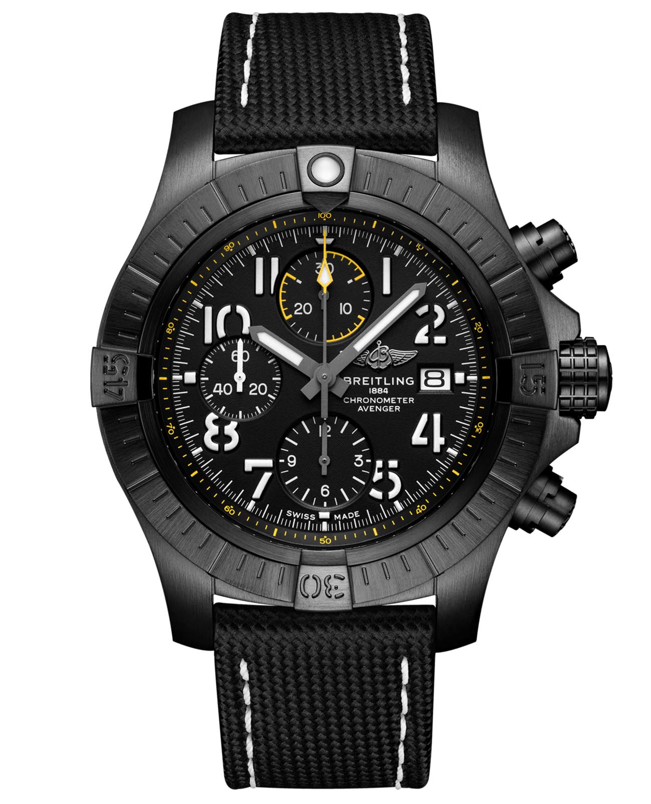 Breitling Breitling Avenger Chronograph 45 Night Mission V13317101B1X2  V13317101B1X2 механические мужские часы черный циферблат, браслет кожаный — вид спереди