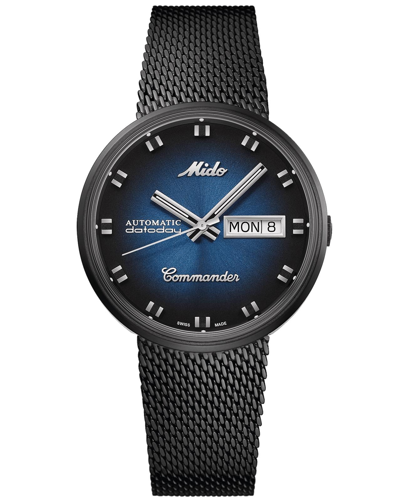 Mido Mido Commander Shade M8429.3.25.11  M842932511 механические мужские часы синий циферблат, браслет сталь c pvd покрытием — вид спереди