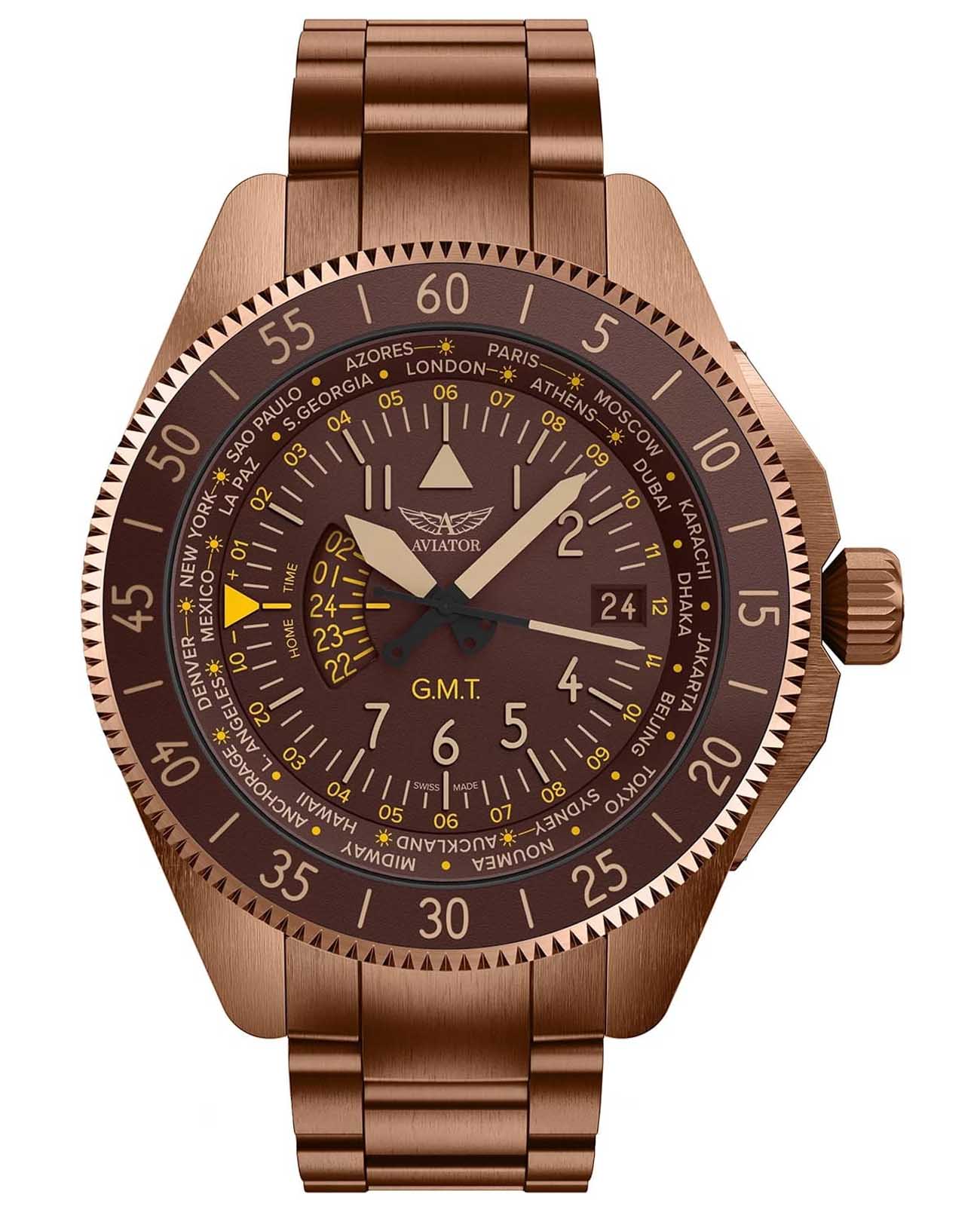 Aviator Aviator Airacobra V.1.37.8.306.5  V.1.37.8.306.5 кварцевые мужские часы коричневый циферблат, браслет нержавеющая сталь с pvd-покрытием — вид спереди