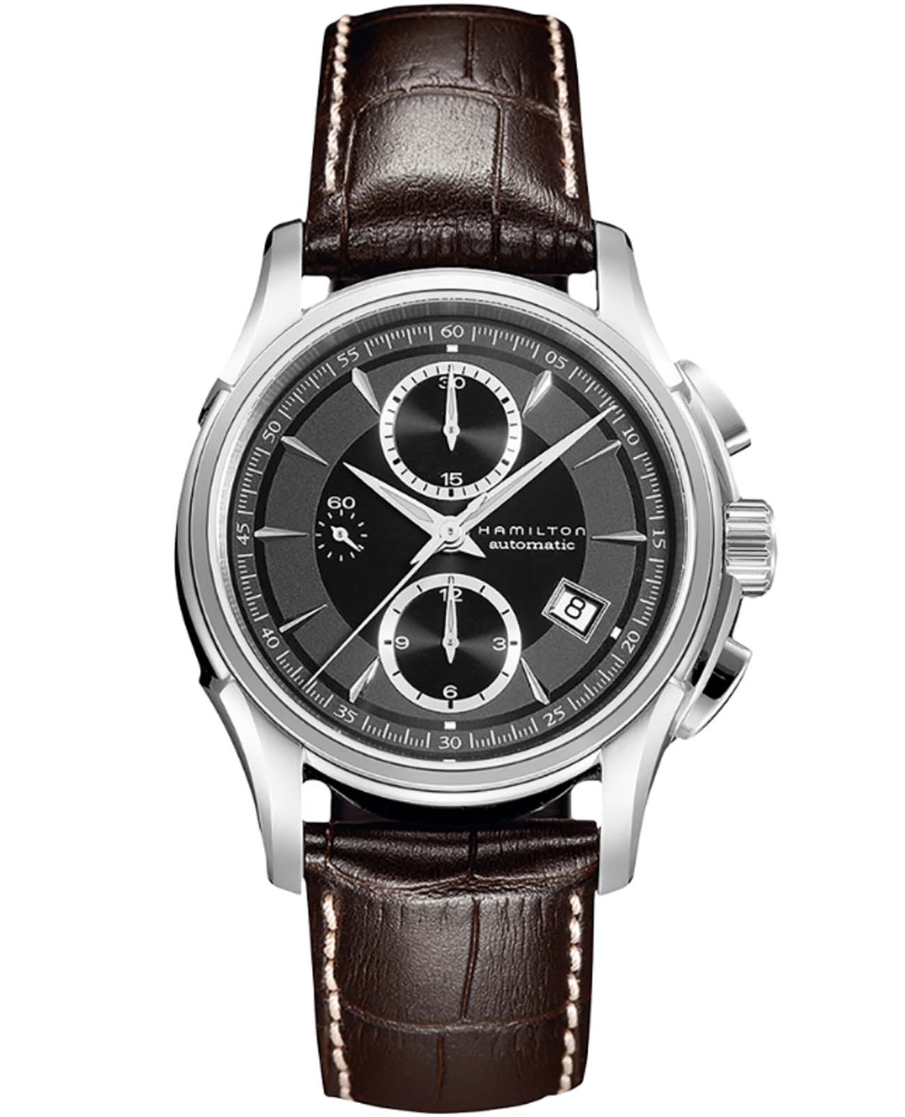 Hamilton Hamilton Jazzmaster Auto Chrono H32616533  H32616533 механические мужские часы черный циферблат, браслет кожаный — вид спереди