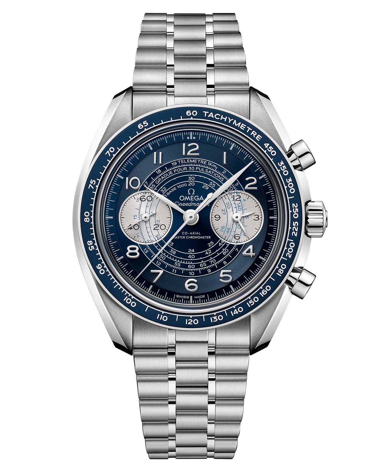Omega Omega Speedmaster Chronoscope 329.30.43.51.03.001  32930435103001 механические мужские часы синий циферблат, браслет нержавеющая сталь — вид спереди
