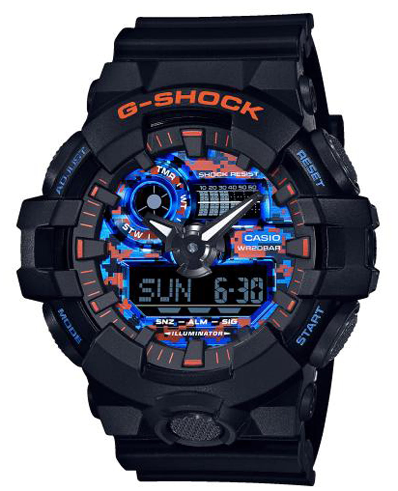 Casio Casio G-Shock GA-700CT-1A GA-700 GA-700CT-1A электронные мужские часы оранжевый циферблат, браслет пластик — вид спереди