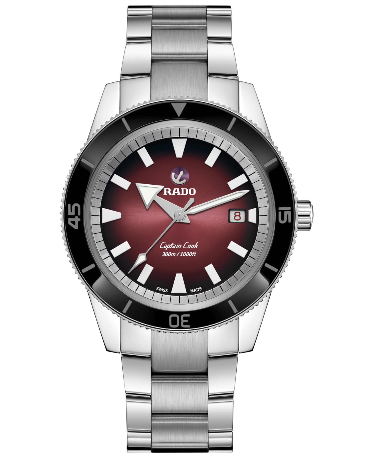 Rado Rado Captain Cook Automatic R32105353 Automatic R32105353 механические мужские часы бордовый циферблат, браслет нержавеющая сталь — вид спереди