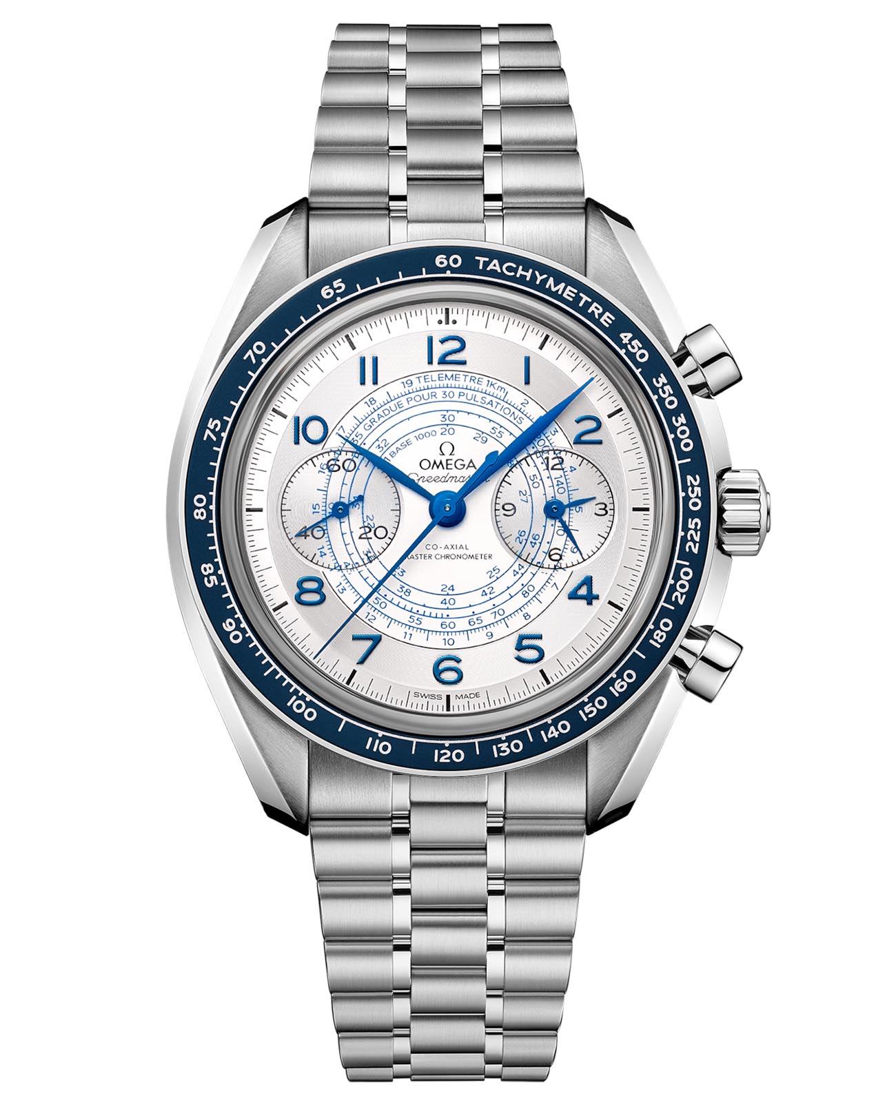 Omega Omega Speedmaster Chronoscope 329.30.43.51.02.001  32930435102001 механические мужские часы серебристый циферблат, браслет нержавеющая сталь — вид спереди