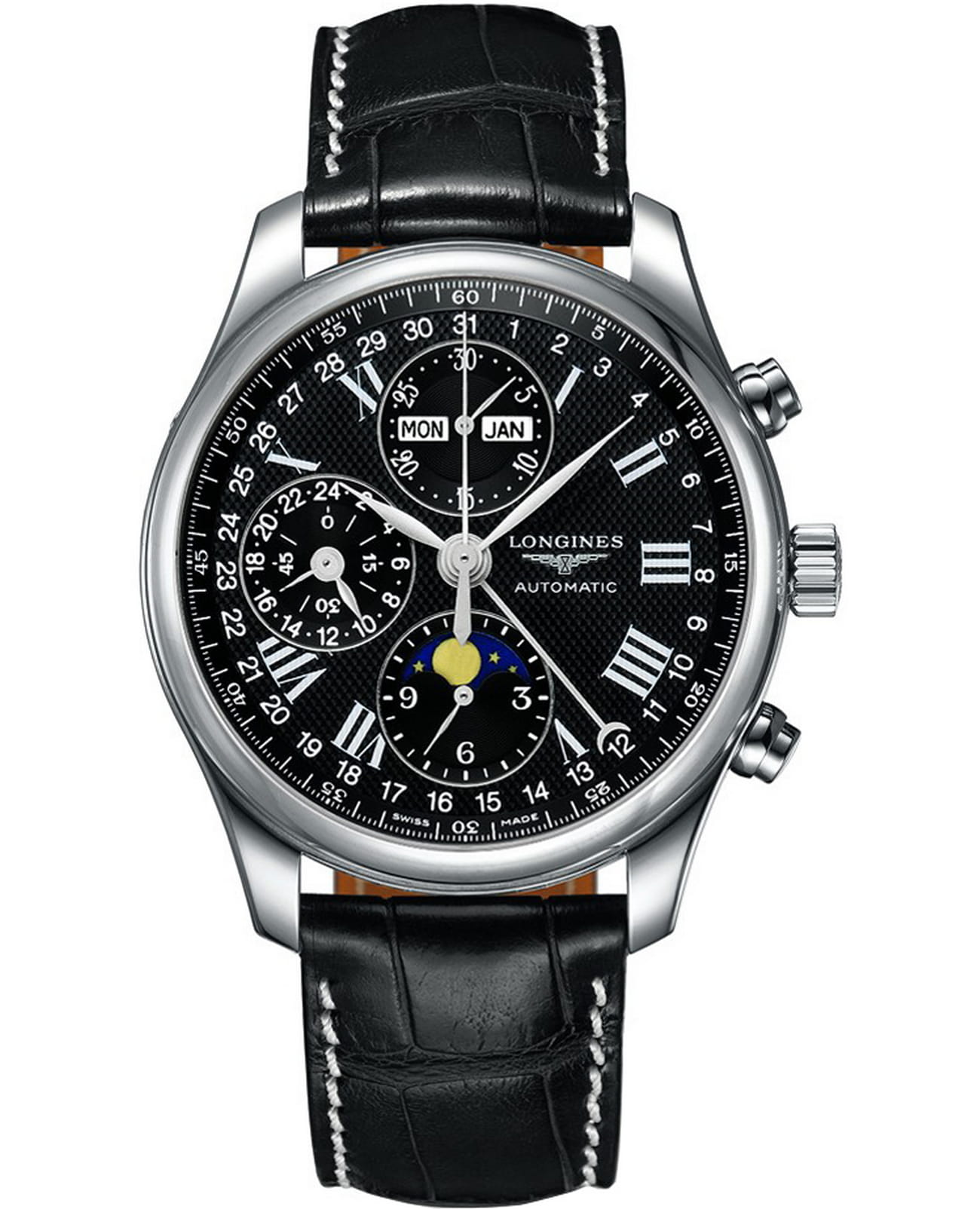 Longines Longines Master Collection L2.773.4.51.7  L27734517 механические мужские часы черный циферблат, браслет кожаный — вид спереди