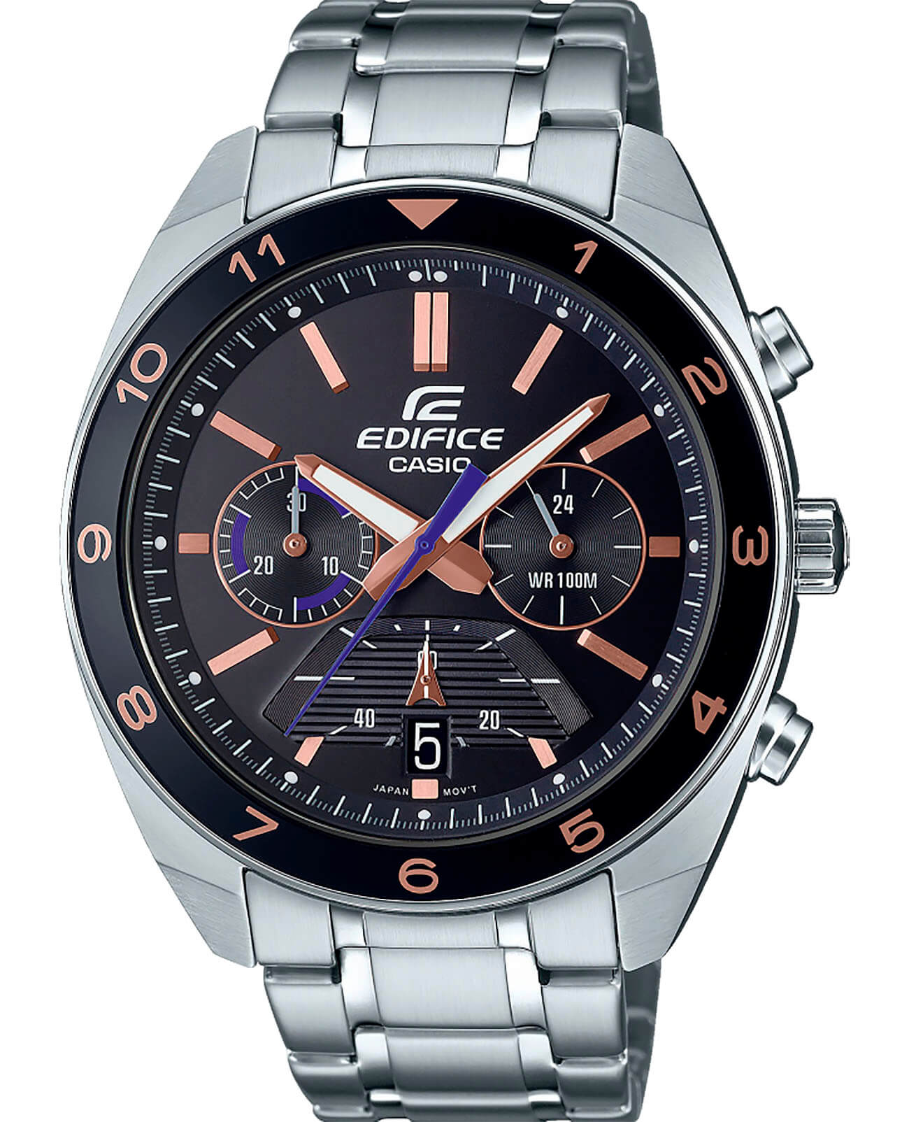 Casio Casio Edifice EFV-590D-1AVUEF EFV EFV-590D-1AVUEF кварцевые мужские часы черный циферблат, браслет нержавеющая сталь — вид спереди