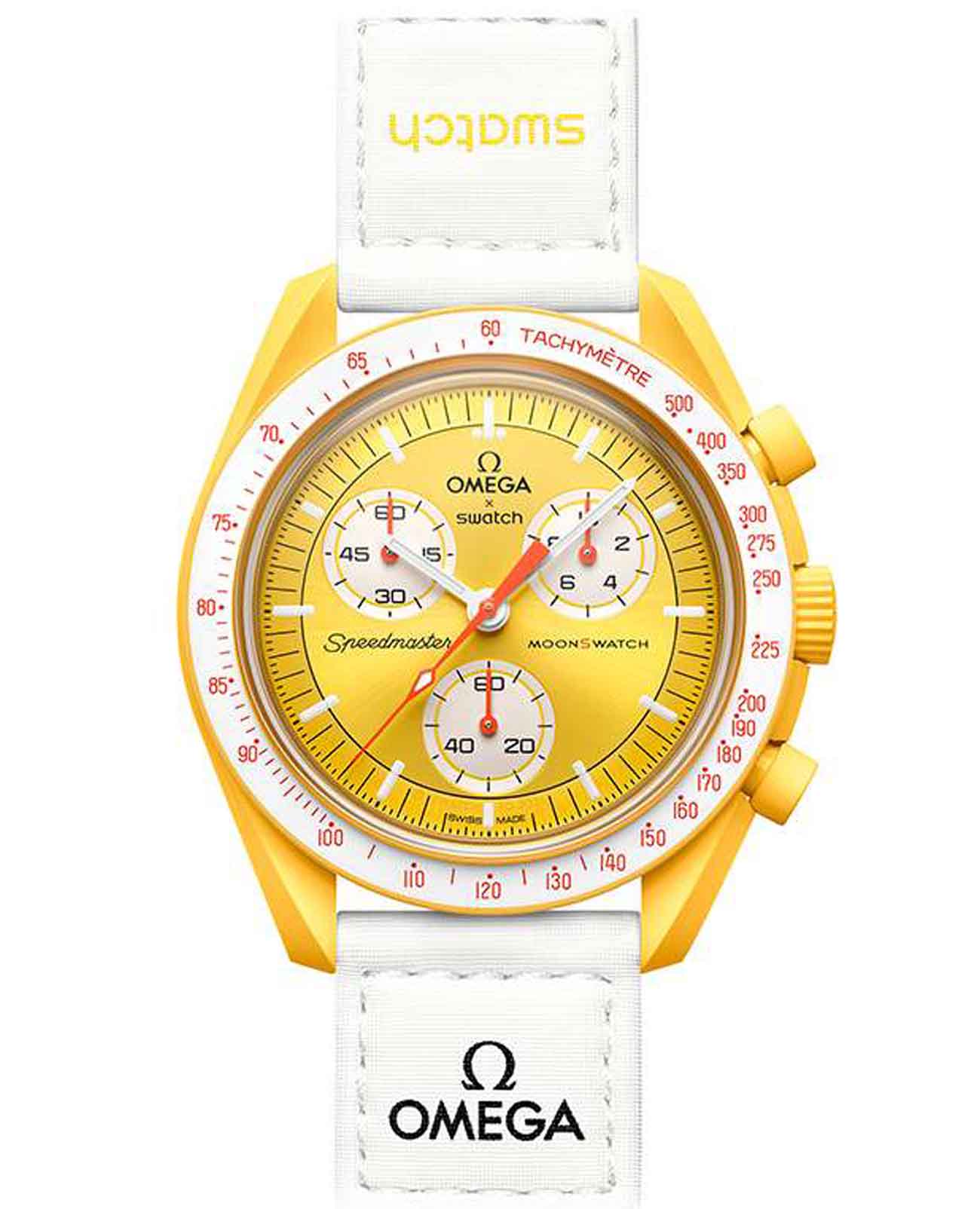 Swatch Swatch x Omega Bioceramic Moonswatch Mission To the Sun SO33J100  SO33J100 кварцевые женские часы желтый циферблат, браслет нейлон — вид спереди
