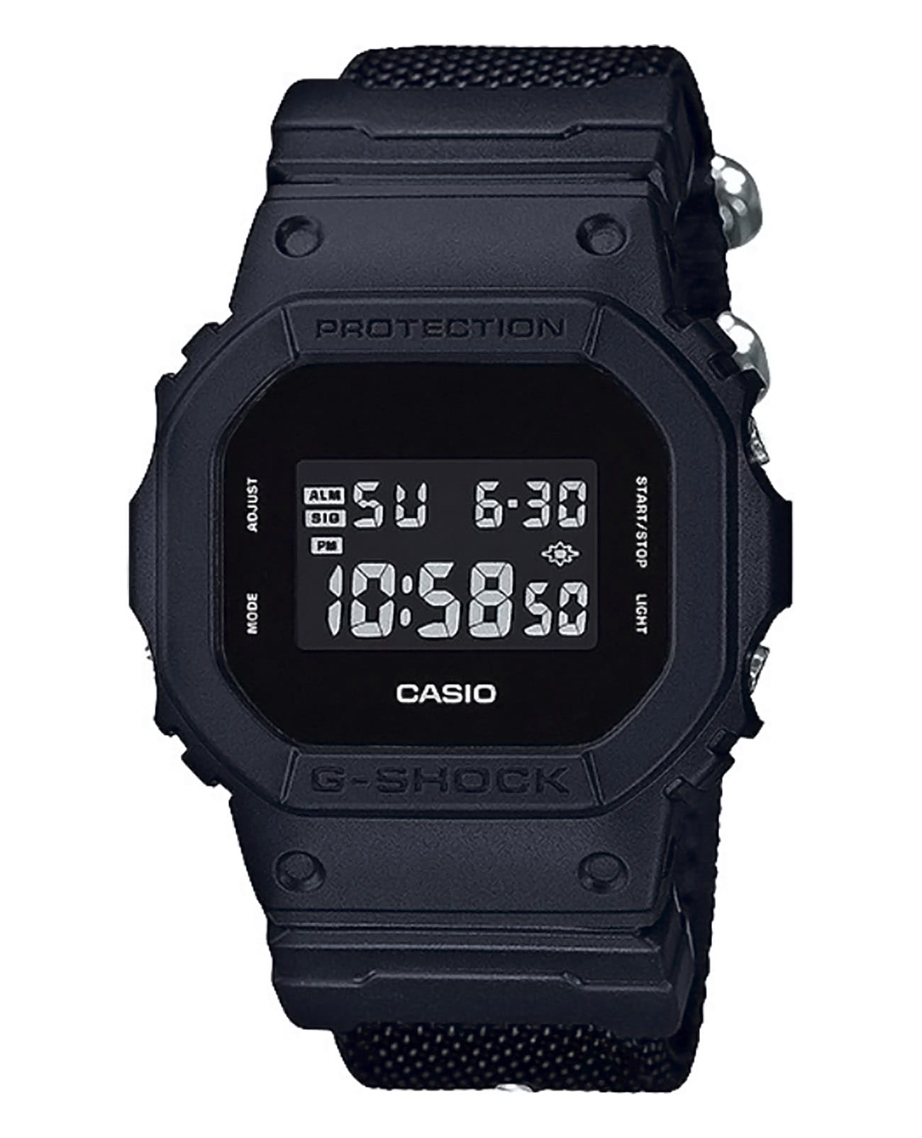 Casio Casio G-Shock DW-5600BBN-1DR (DW-5600BBN-1E) DW-5600 DW-5600BBN-1E электронные мужские часы черный циферблат, браслет нейлон — вид спереди