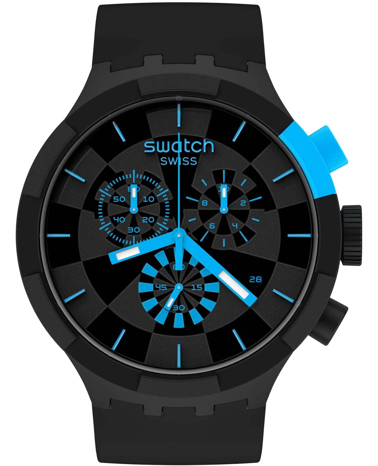 Swatch Swatch Big Bold Chrono SB02B401  SB02B401 кварцевые мужские часы черный циферблат, браслет силикон — вид спереди
