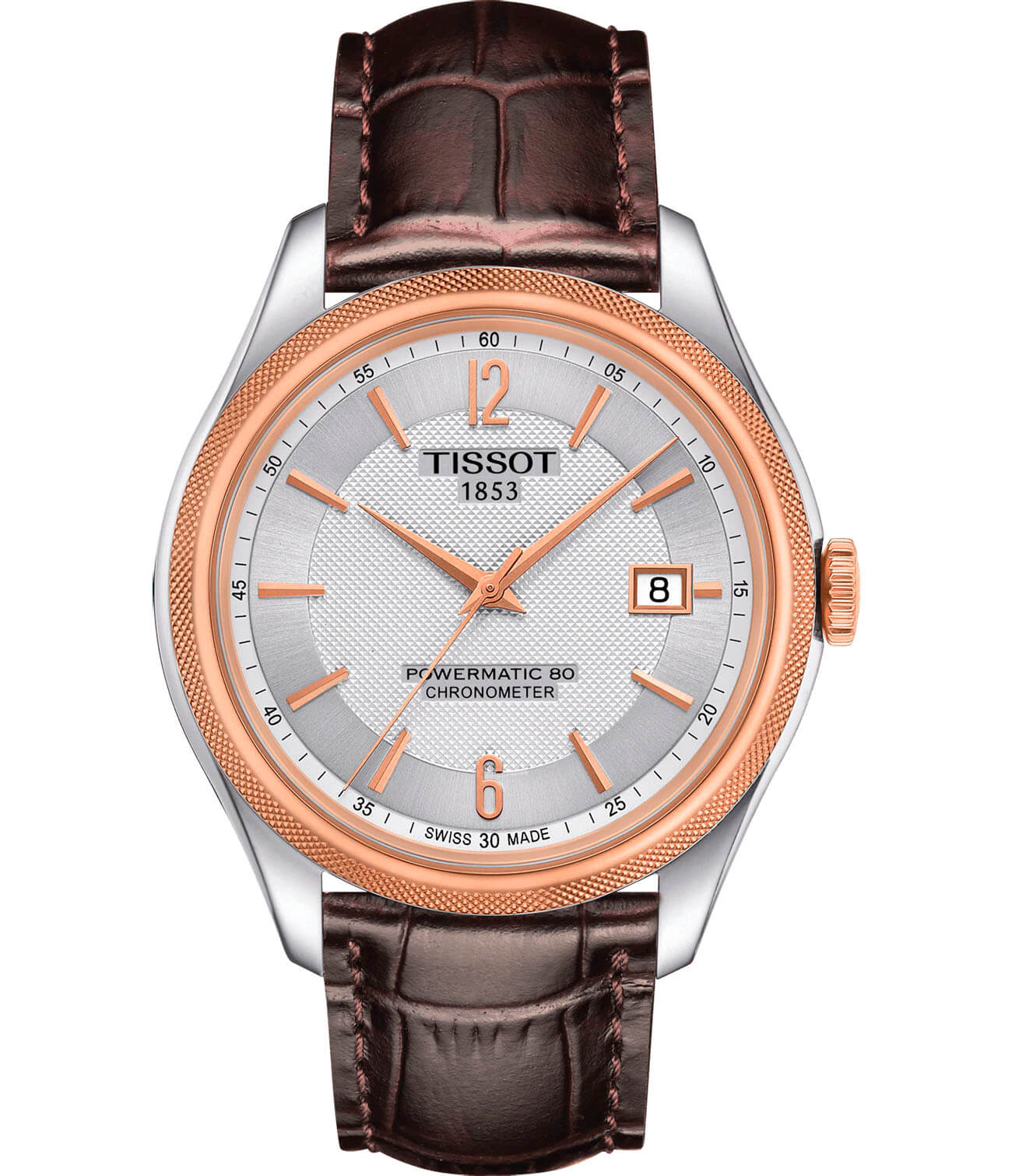 Tissot Tissot Ballade Powermatic 80 COSC T108.408.26.037.00 Ballade T1084082603700 механические мужские часы серебристый циферблат, браслет кожаный — вид спереди