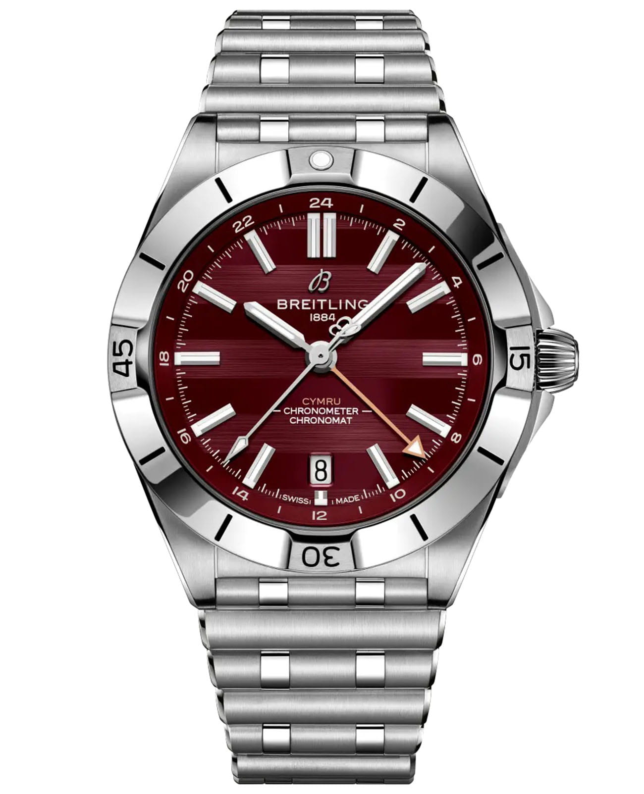 Breitling Breitling Chronomat Automatic GMT 40 A323988B1K1A1  A323988B1K1A1 механические мужские часы бордовый циферблат, браслет нержавеющая сталь — вид спереди