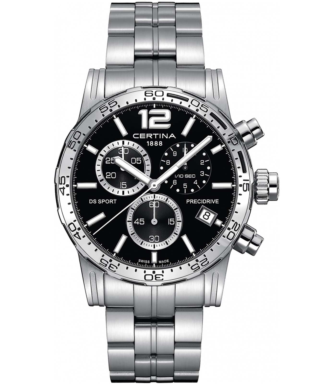 Certina Certina DS Sport C027.417.11.057.00  C0274171105700 кварцевые мужские часы черный циферблат, браслет нержавеющая сталь — вид спереди