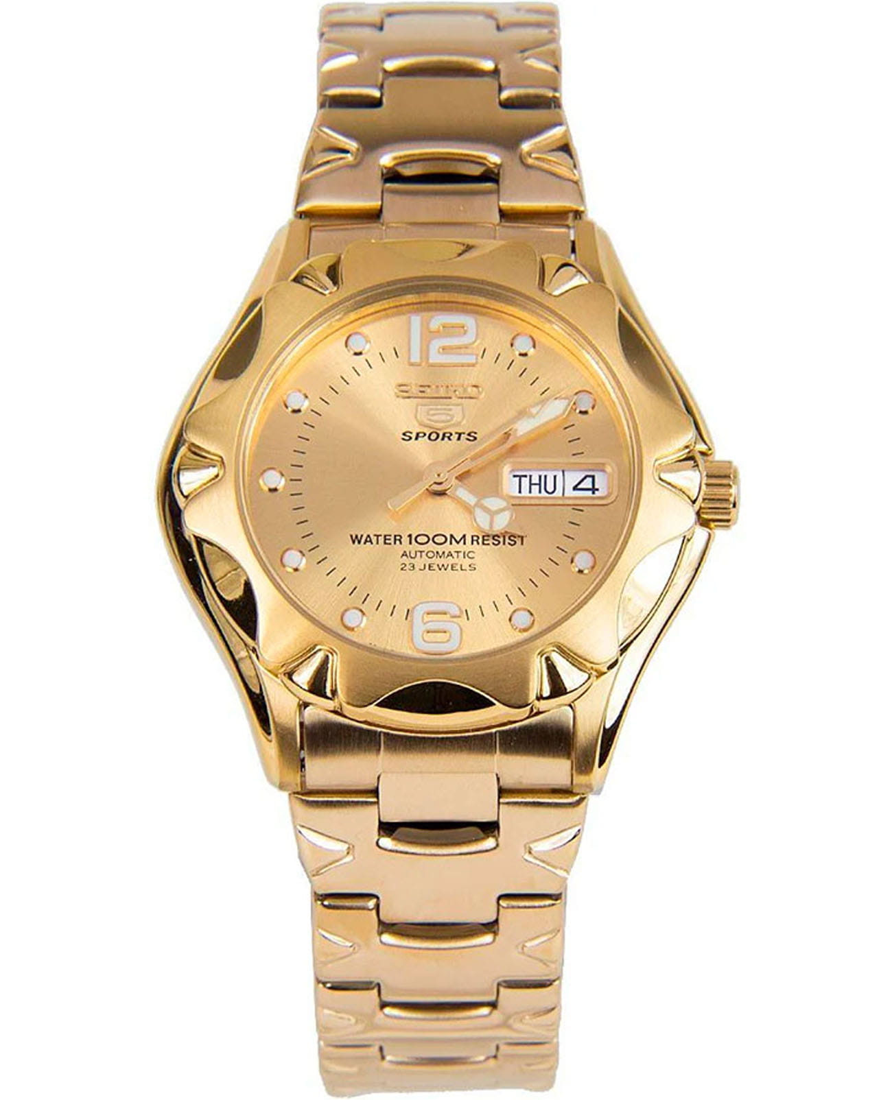 Seiko Seiko 5 Sports SNZ460J1  SNZ460J1 механические мужские часы золотой циферблат, браслет нержавеющая сталь — вид спереди