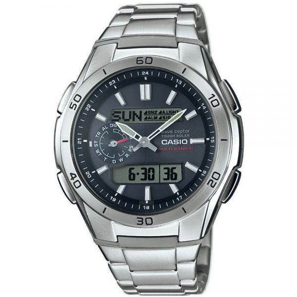 Casio CASIO WAVE CEPTOR WVA-M650D-1A  WVA-M650D-1A кварцевые мужские часы черный циферблат, браслет нержавеющая сталь — вид спереди