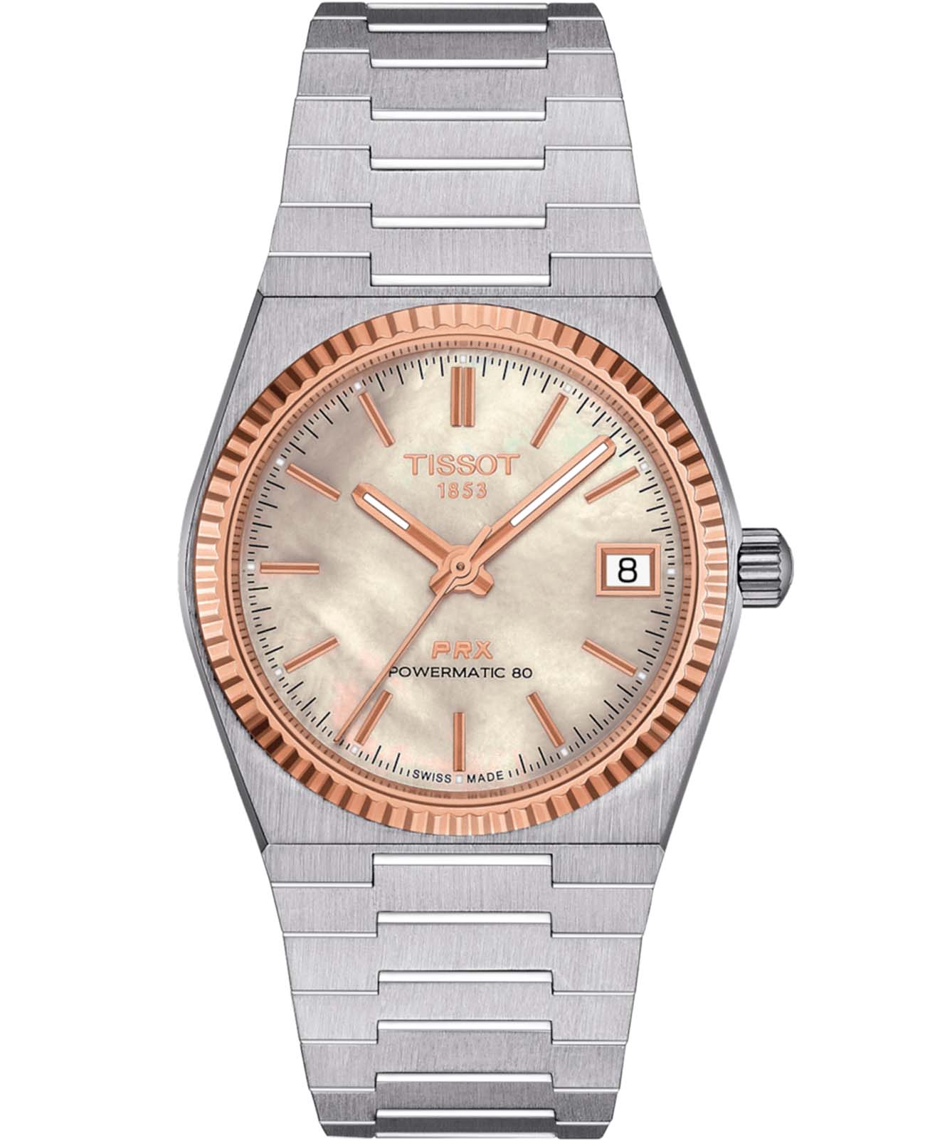 Tissot Tissot PRX Powermatic 80 Steel & 18k Gold T931.207.41.111.00  T9312074111100 механические женские часы перламутровый циферблат, браслет нержавеющая сталь — вид спереди