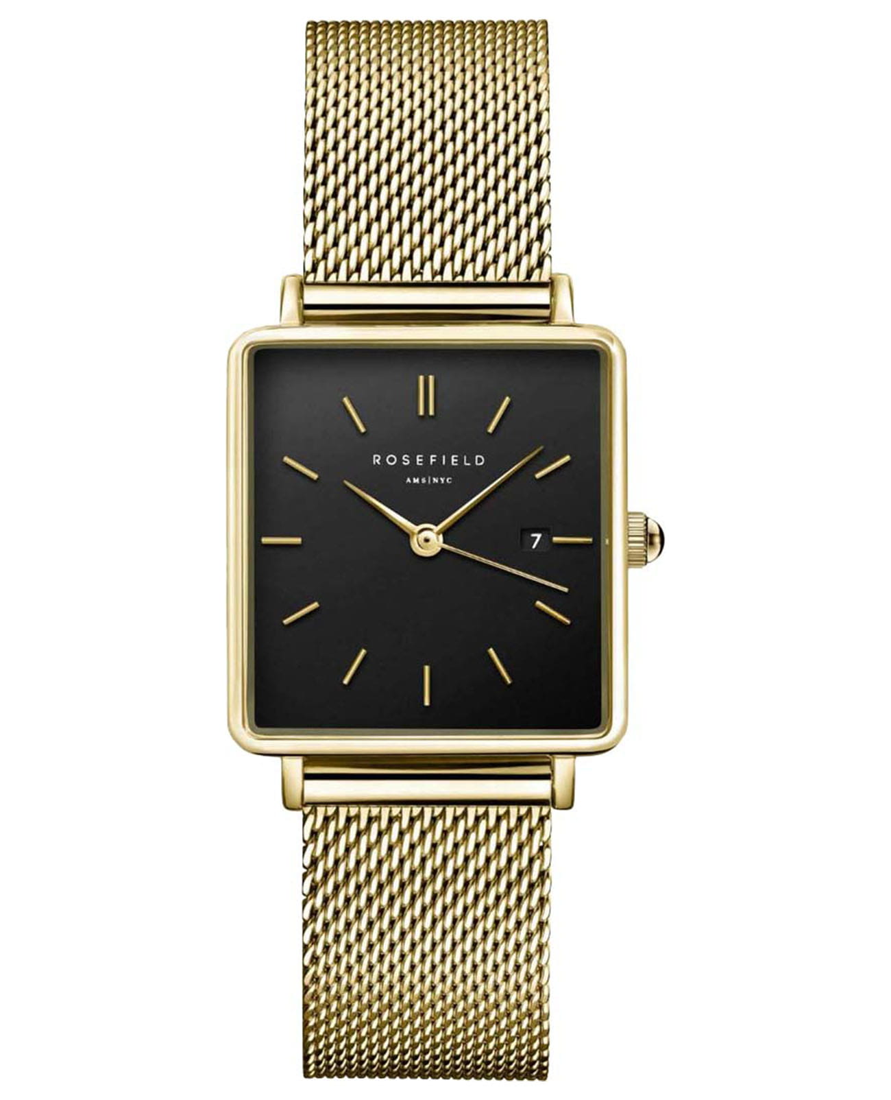 Rosefield Rosefield The Boxy QBMG-Q06  QBMG-Q06 кварцевые женские часы черный циферблат, браслет сталь c pvd покрытием — вид спереди