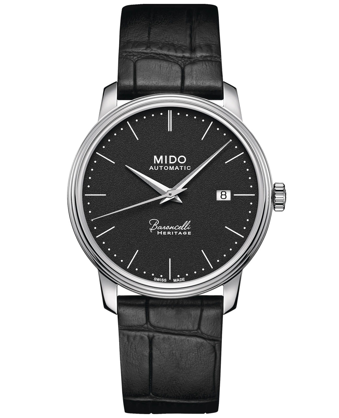 Mido Mido Baroncelli Heritage Gent M027.407.16.050.00  M0274071605000 механические мужские часы черный циферблат, браслет кожаный — вид спереди
