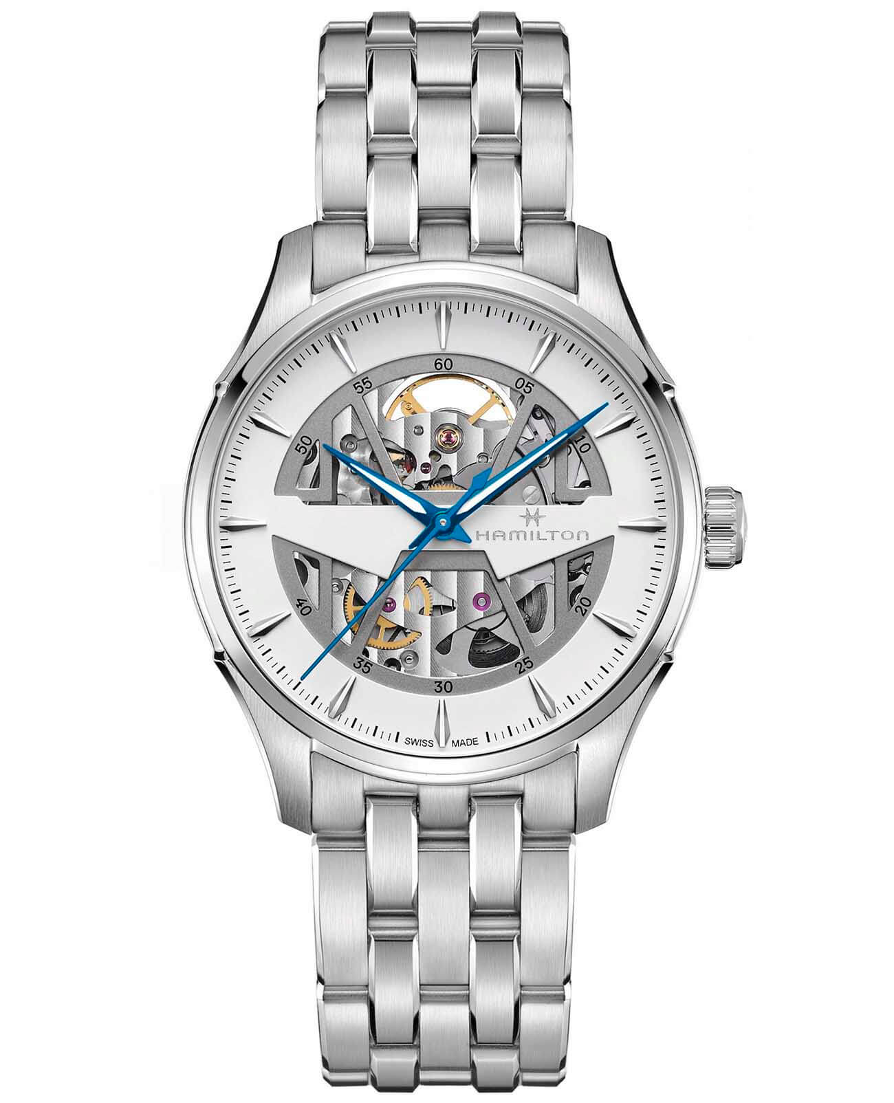 Hamilton Hamilton Jazzmaster Skeleton Auto H42535110  H42535110 механические мужские часы белый циферблат, браслет нержавеющая сталь — вид спереди