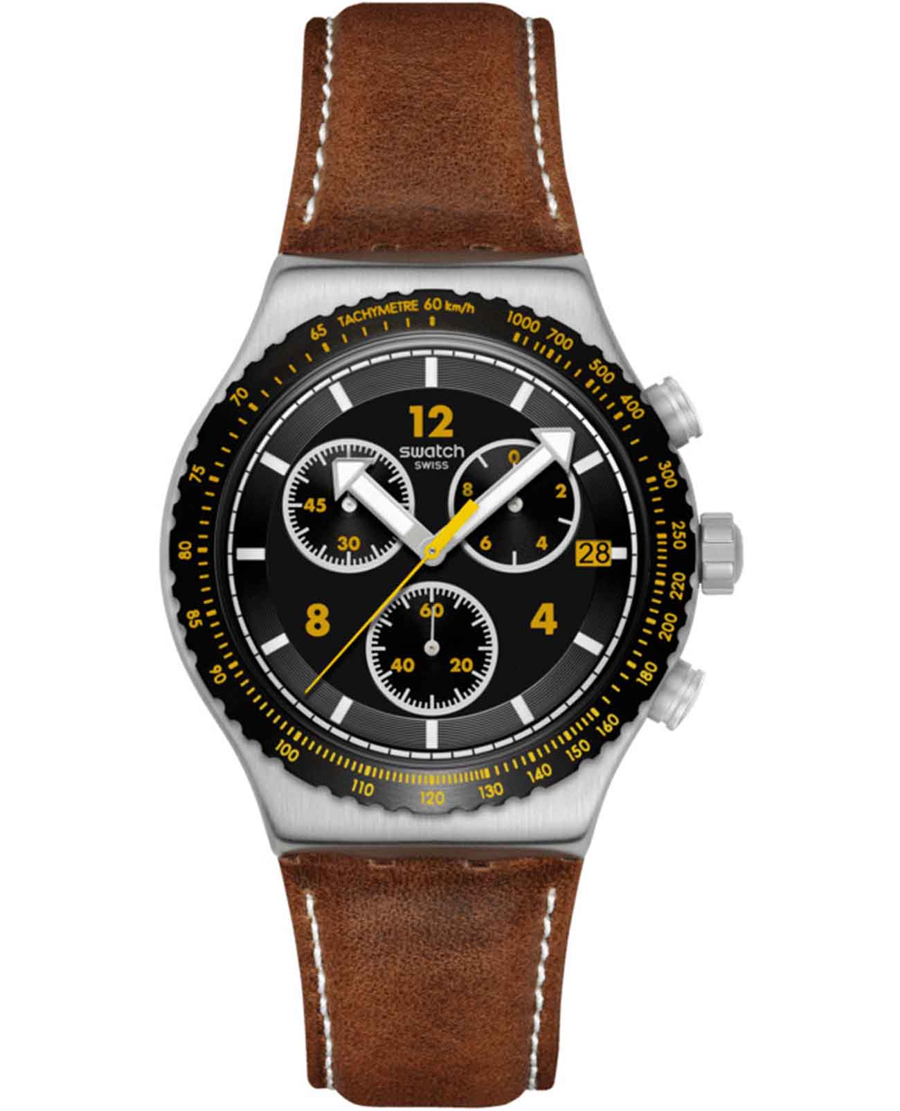 Swatch Swatch I New Chrono YVS530  YVS530 кварцевые мужские часы черный циферблат, браслет кожаный — вид спереди