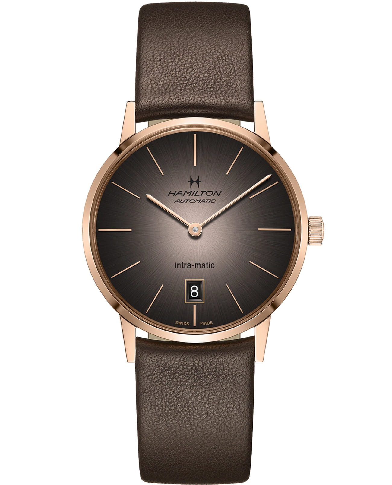 Hamilton Hamilton American Classic Intra-Matic Auto H38465501  H38465501 механические мужские часы коричневый циферблат, браслет кожаный — вид спереди