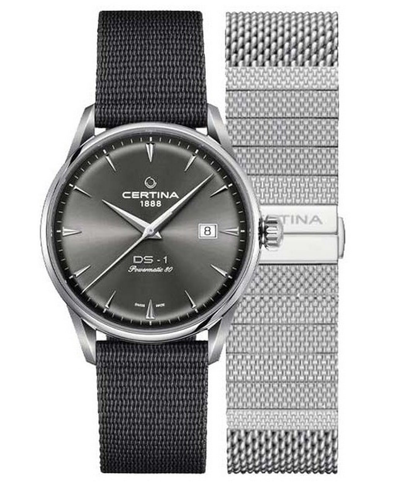 Certina Certina DS-1 Powermatic 80 C029.807.11.081.02 DS 1 C0298071108102 механические мужские часы серый циферблат, браслет тканевый — вид спереди