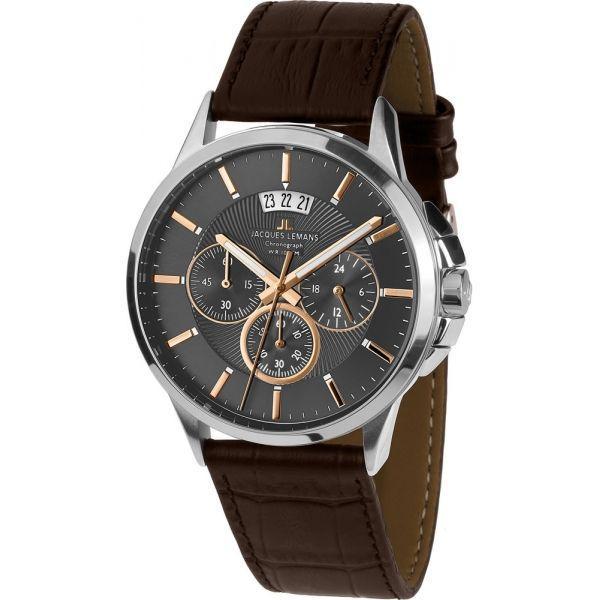 Jacques Lemans Jacques Lemans 1-1542H  1-1542H кварцевые мужские часы черный циферблат, браслет кожаный — вид спереди