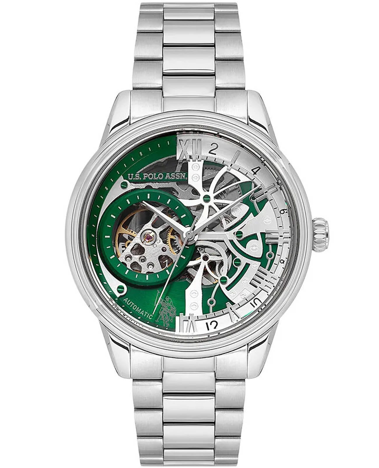 U.S. Polo Assn. U.S. Polo Assn. Crossing USPA1112-03  USPA1112-03 механические мужские часы зеленый циферблат, браслет нержавеющая сталь — вид спереди