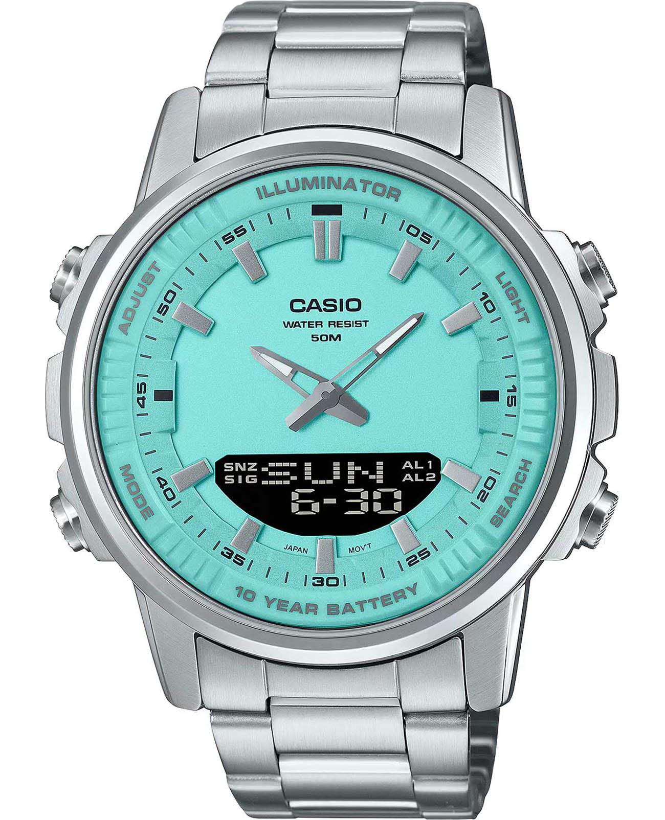 Casio Casio Collection AMW-880D-2A2  AMW-880D-2A2 кварцевые мужские часы бирюзовый циферблат, браслет нержавеющая сталь — вид спереди