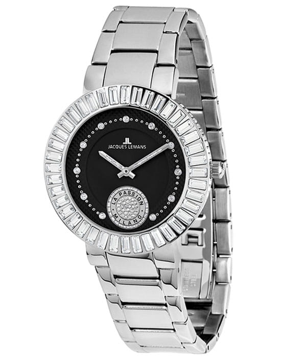 Jacques Lemans Jacques Lemans 1-1683D  1-1683D кварцевые женские часы черный циферблат, браслет нержавеющая сталь — вид спереди