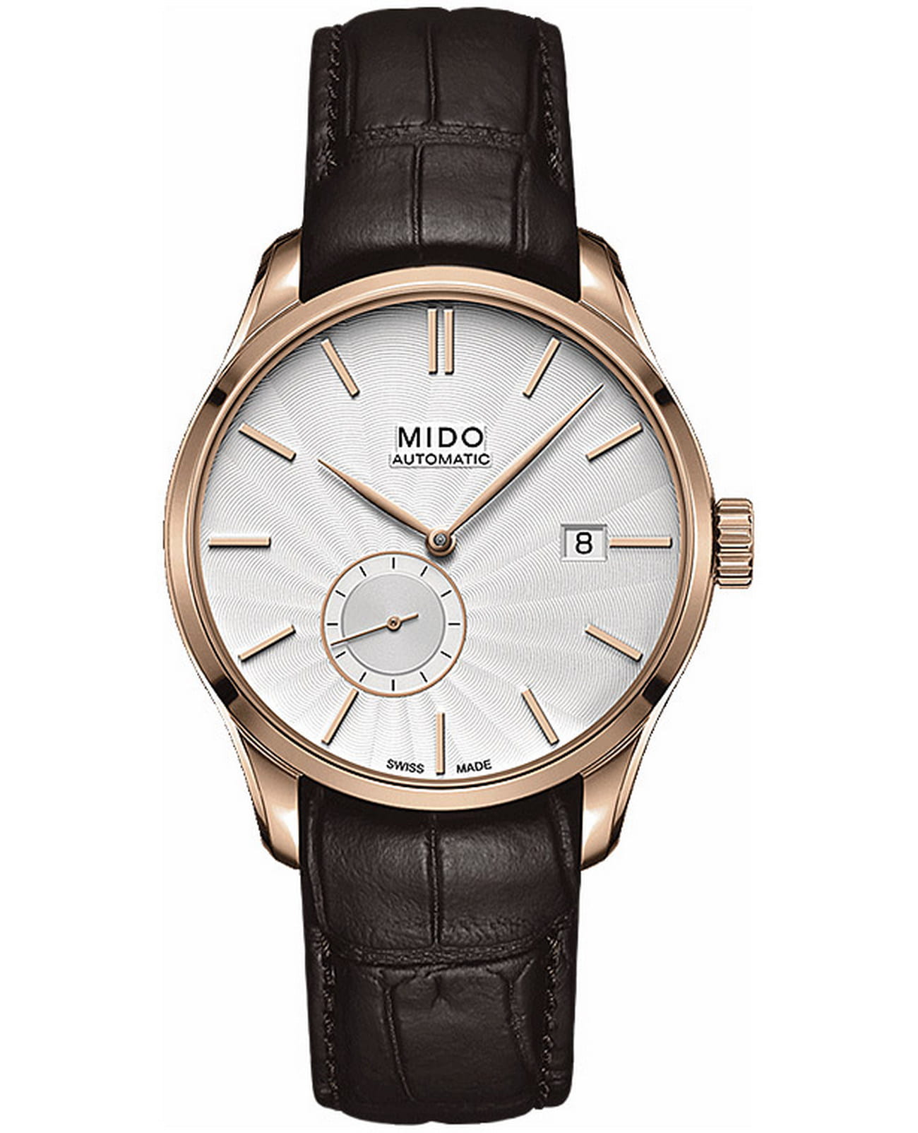 Mido Mido Belluna M024.428.36.031.00  M0244283603100 механические мужские часы серебристый циферблат, браслет кожаный — вид спереди