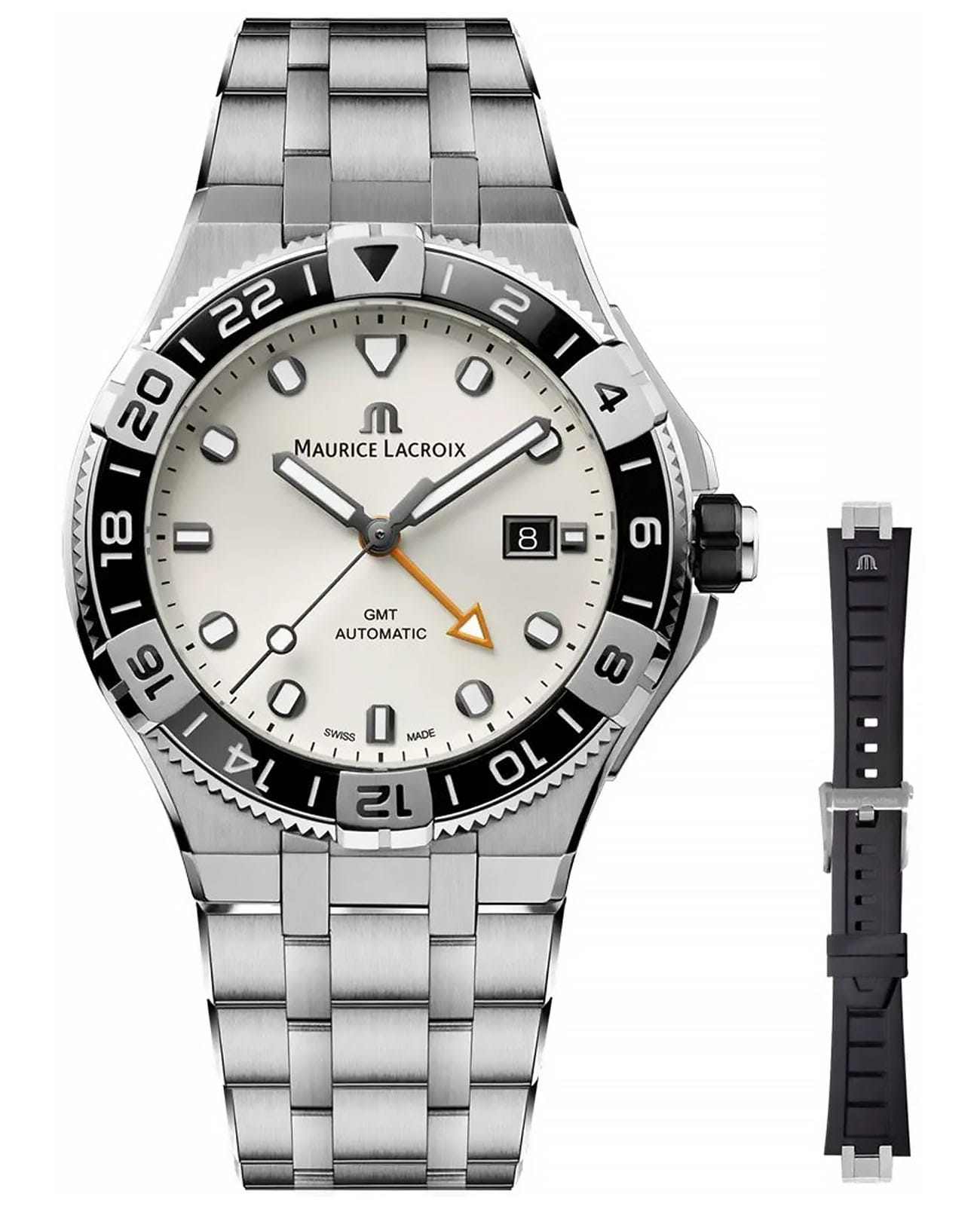 Maurice Lacroix Maurice Lacroix Aikon Venturer GMT AI6158-SS00F-130-A  AI6158-SS00F-130-A механические мужские часы серебристый циферблат, браслет нержавеющая сталь — вид спереди