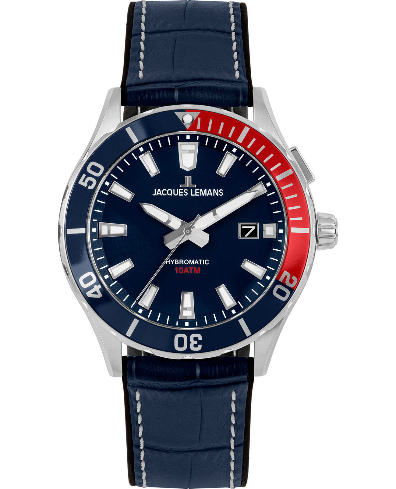 Jacques Lemans Jacques Lemans Hybromatic 1-2131B  1-2131B механические мужские часы синий циферблат, браслет кожаный — вид спереди