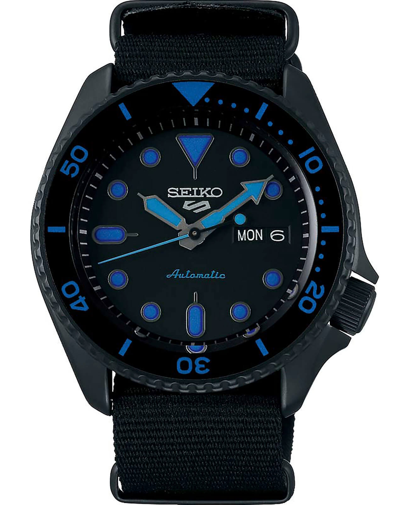 Seiko Seiko 5 Sports SRPD81K1S  SRPD81K1S механические мужские часы черный циферблат, браслет нейлон — вид спереди