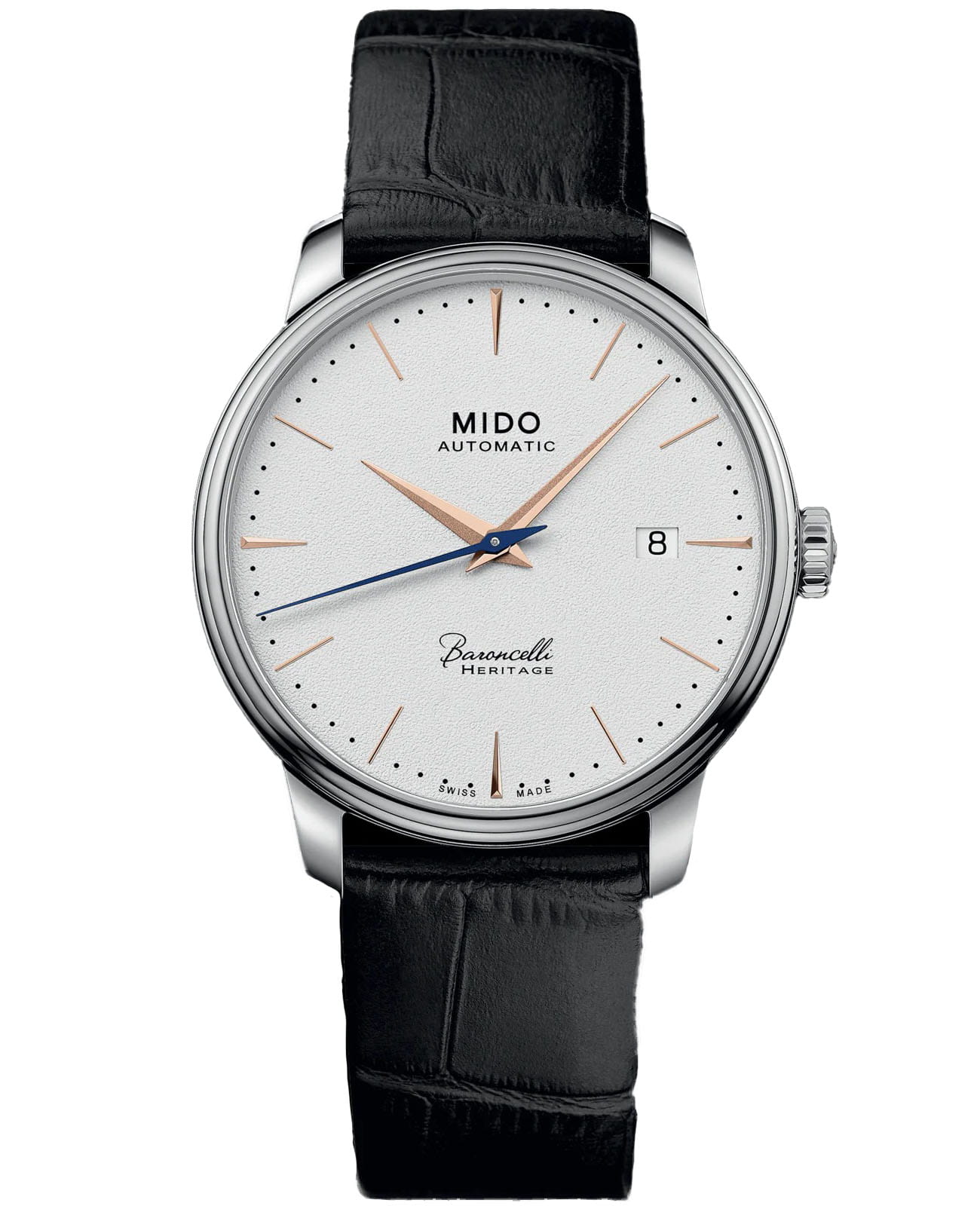 Mido Mido Baroncelli Heritage M027.407.16.011.00  M0274071601100 механические мужские часы белый циферблат, браслет кожаный — вид спереди