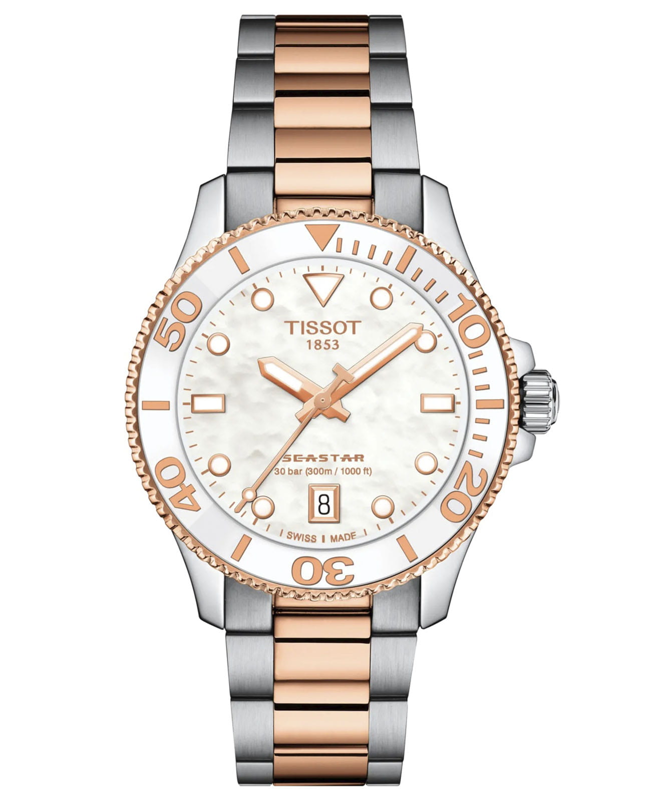 Tissot Tissot Seastar 1000 36mm T120.210.22.111.00 Seastar 1000 T1202102211100 кварцевые женские часы белый циферблат, браслет нержавеющая сталь с pvd-покрытием — вид спереди