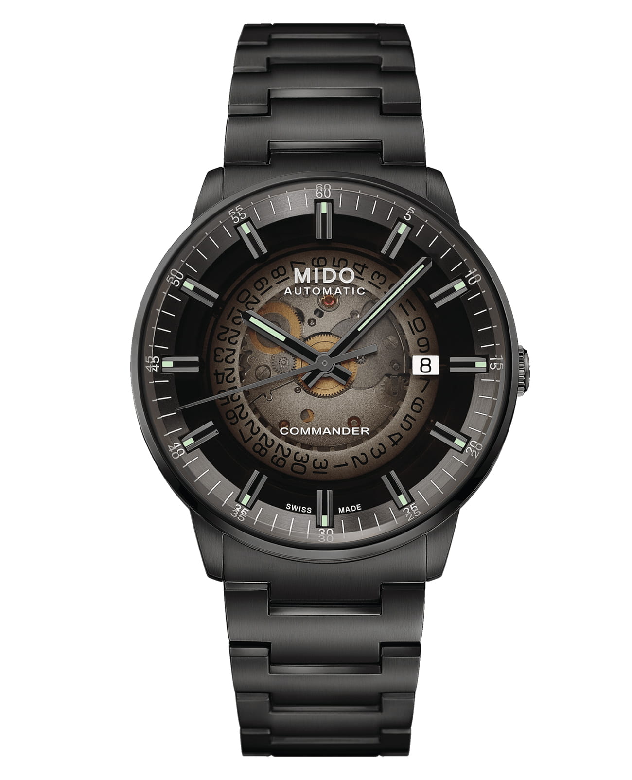 Mido Mido Commander Gradient M021.407.33.411.00  M0214073341100 механические мужские часы черный циферблат, браслет нержавеющая сталь — вид спереди