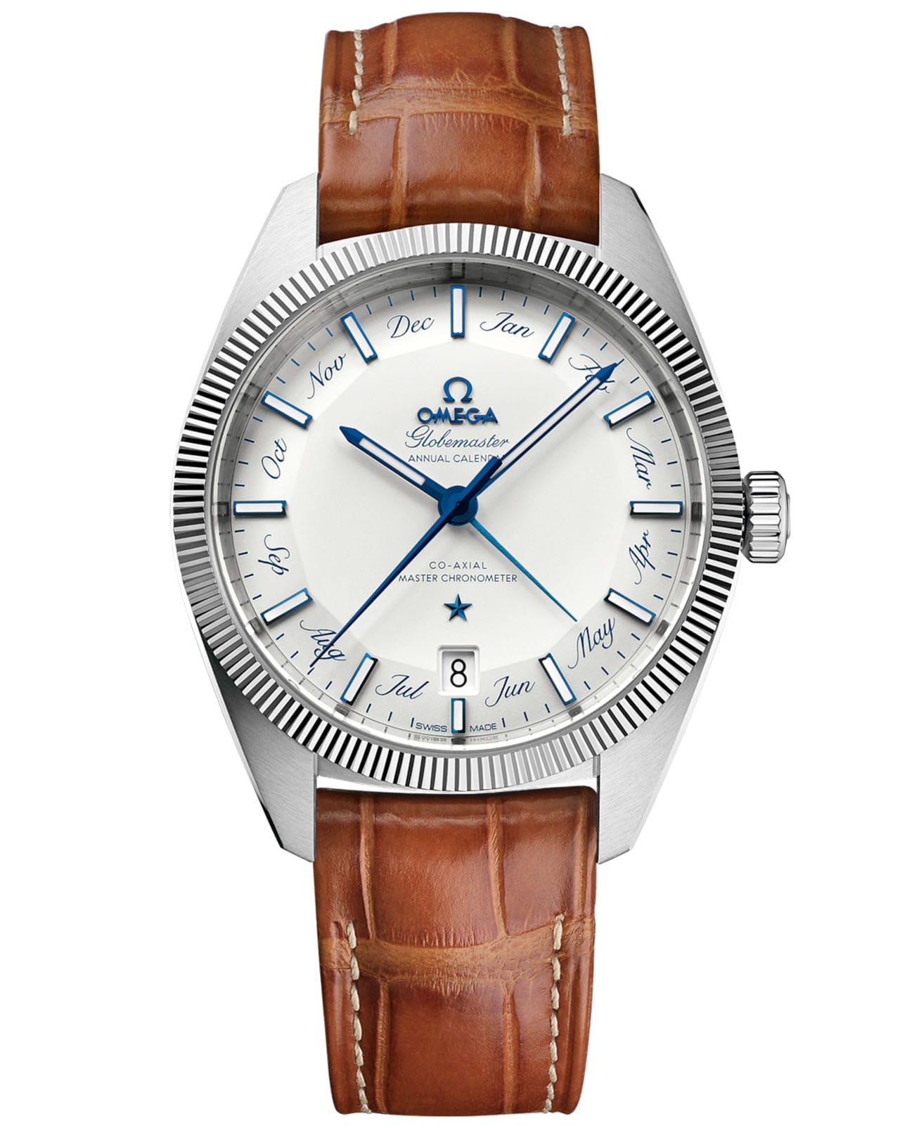 Omega Omega Constellation Globemaster 130.33.41.22.02.001 Globemaster 13033412202001 механические мужские часы белый циферблат, браслет кожаный — вид спереди