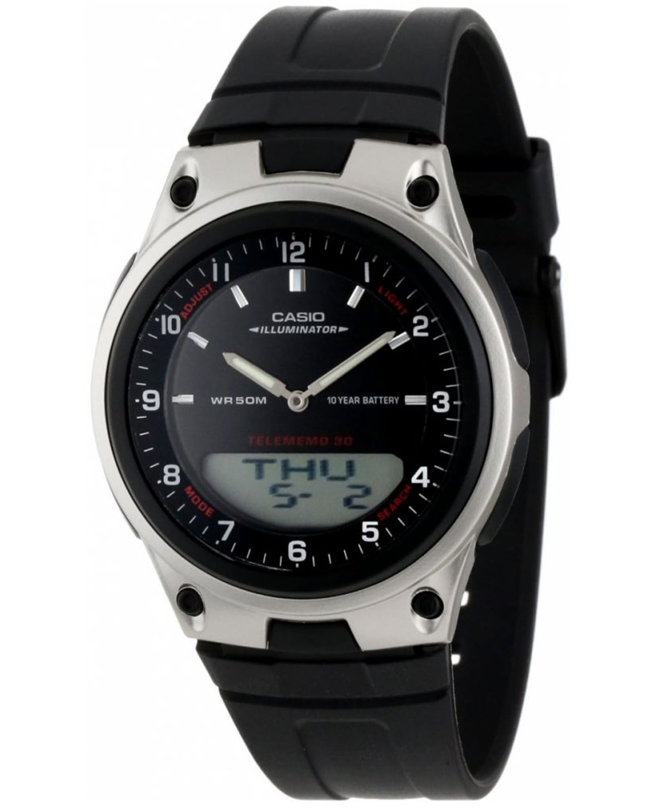 Casio Casio Illuminator  AW-80-1AVDF (AW-80-1A)  AW-80-1A автокварц (кинетик) мужские часы черный циферблат, браслет пластик — вид спереди